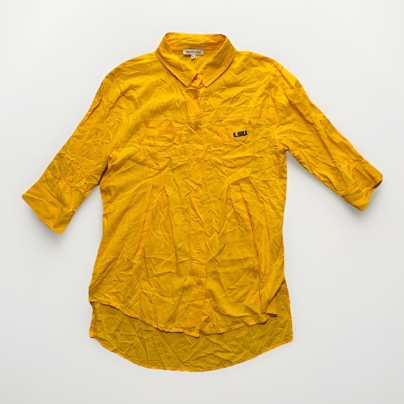 UGAPPAREL Tops - UGApparel LSU Tigers Tunic Blouse Womens S Gold Pleated 3/4 Sleeve Button Shirt